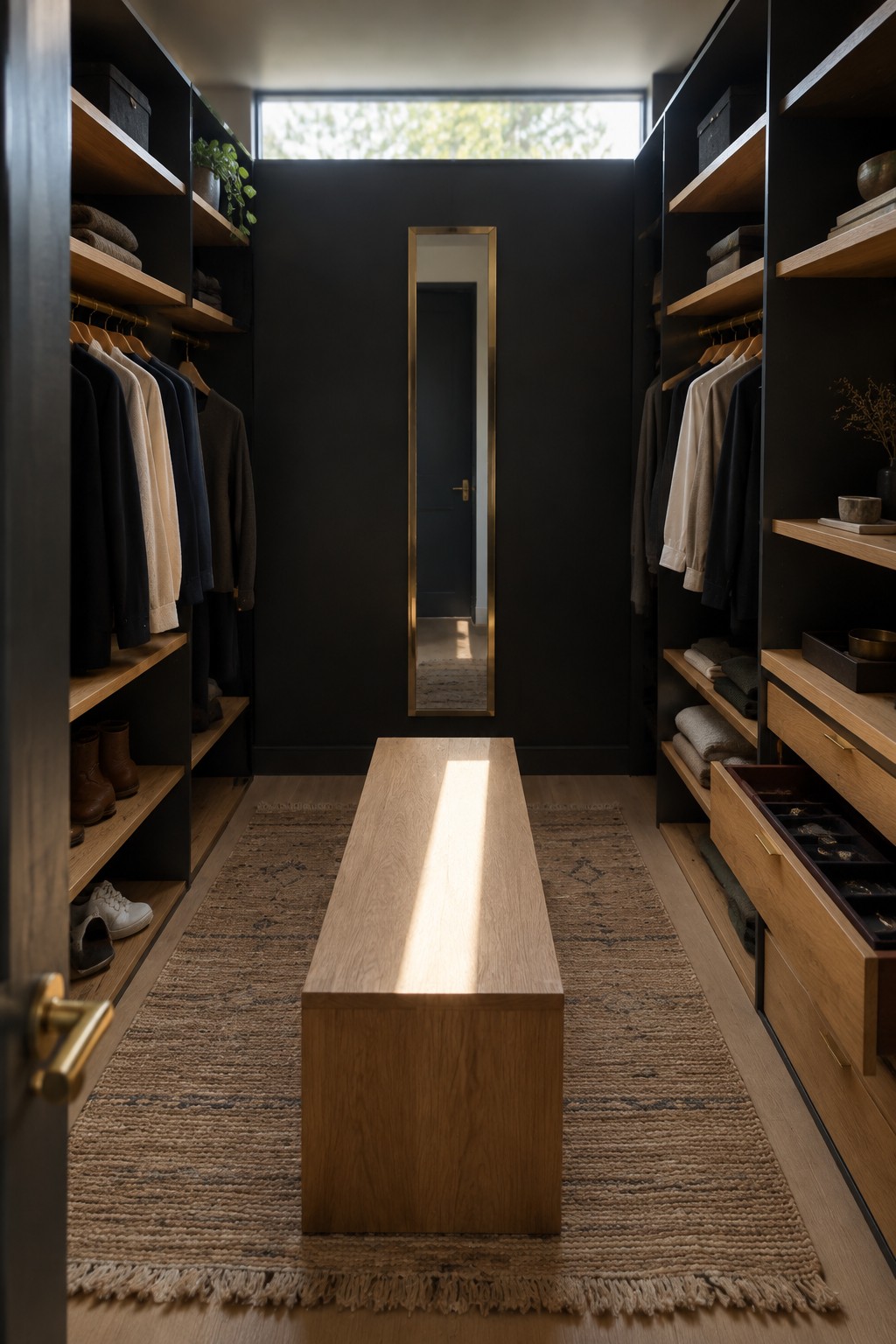 Modern walk-in closet with black walls, wooden bench, shelves, and tall gold-framed mirror.