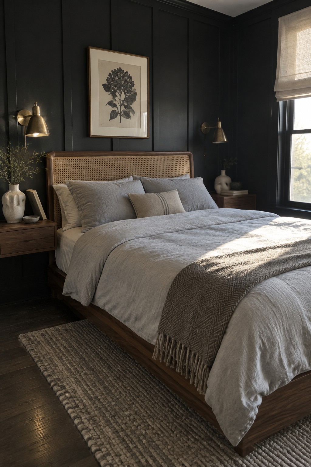 A bedroom with black paneled walls, a wooden bed with cane headboard, light gray bedding, brass wall sconces, and a woven rug on dark wood floors.