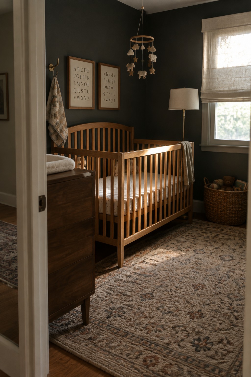 Modern nursery with dark walls, wooden crib, alphabet posters, cloud mobile, and rug