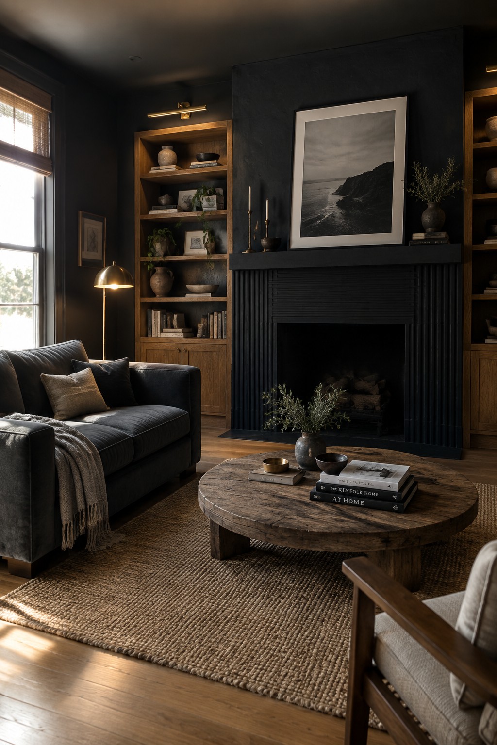 Dark living room with black fireplace, round wood table, navy sofa, and jute rug.