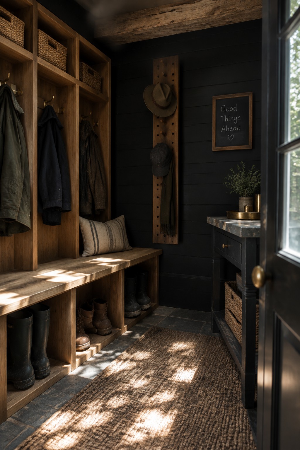 A narrow mudroom with black walls, wooden built-in cubbies and bench, peg rail with hats and scarf, boots stored below, and a dark console table with brass accents on the right.