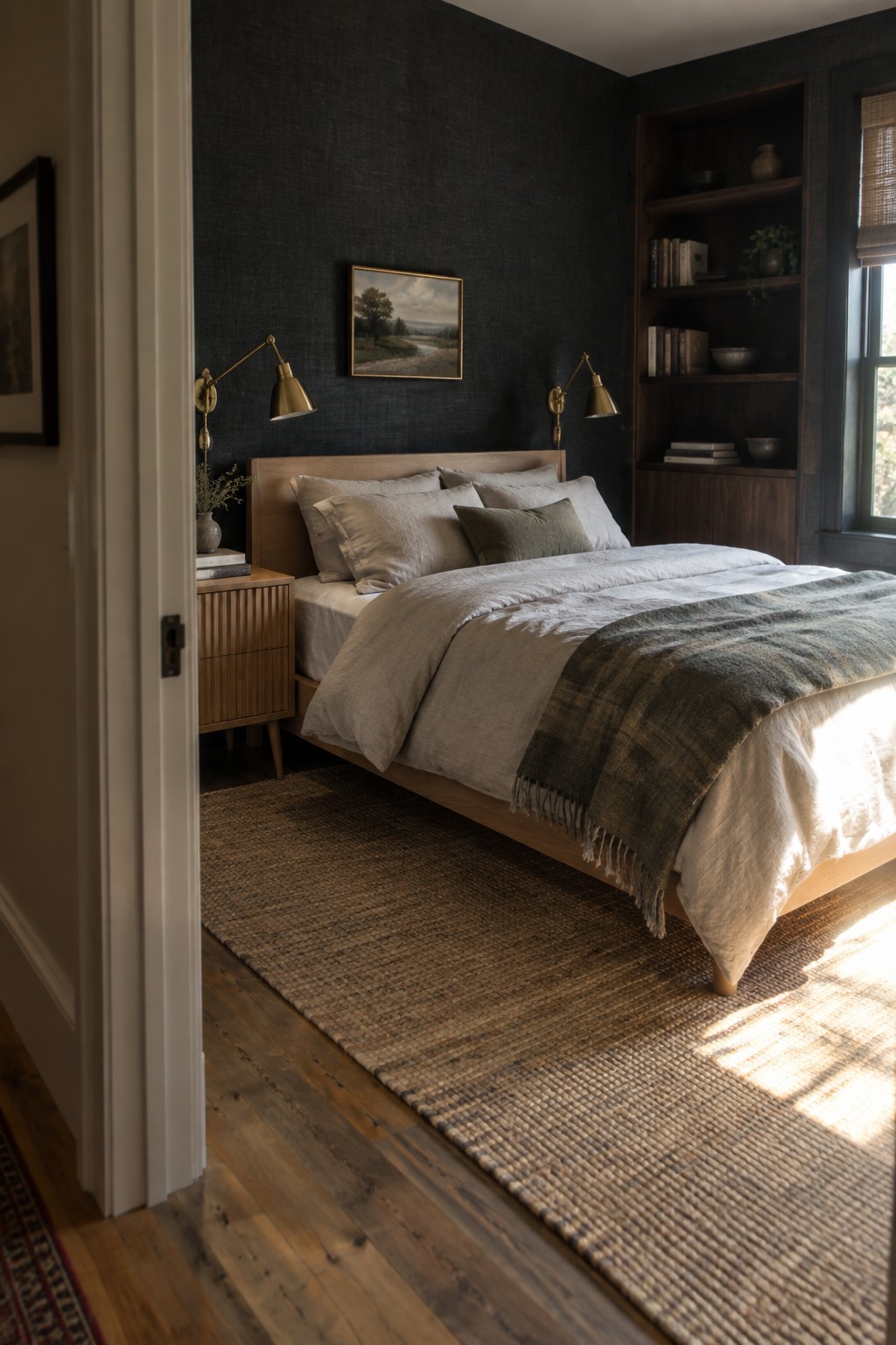 A bedroom with dark textured walls, a light wood bed frame, brass wall sconces, built-in wood shelves, and neutral bedding on a jute rug.