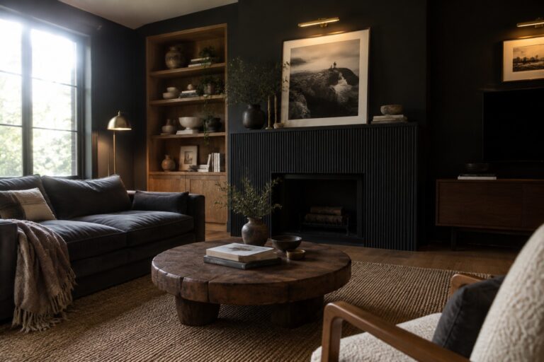 Dark living room with black fireplace, round wood table, navy sofa, and jute rug.