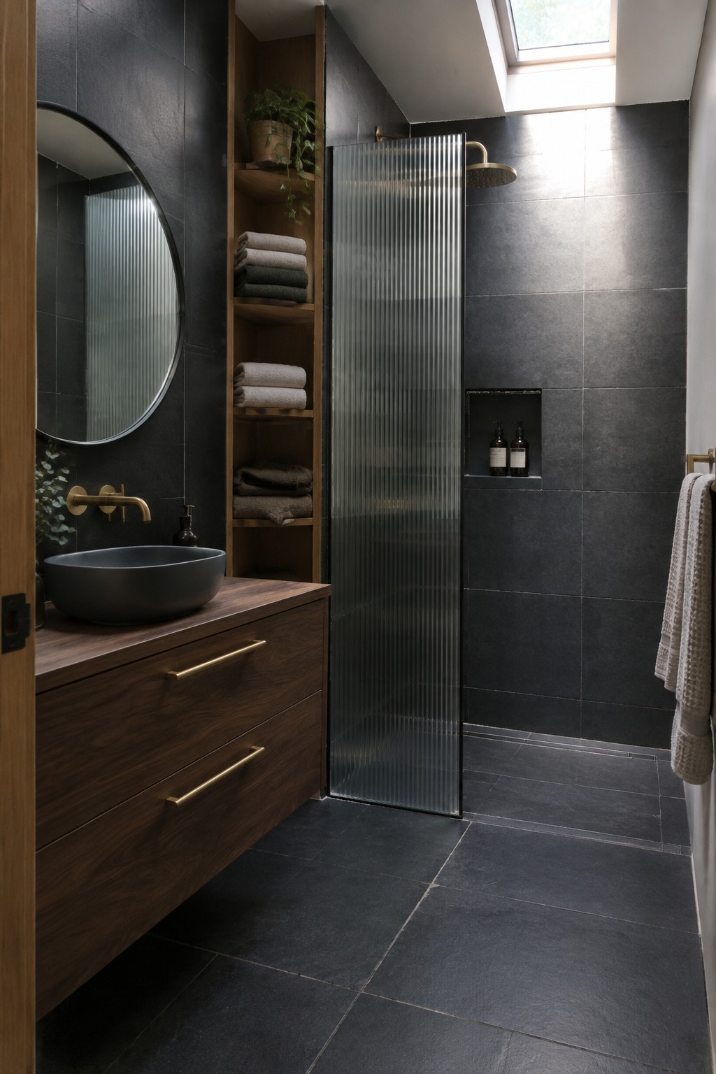 A modern bathroom with black tiled walls and floor, a floating dark wood vanity with black vessel sink and brass faucet, round mirror, open wood shelves holding towels, and a ribbed glass shower enclosure.