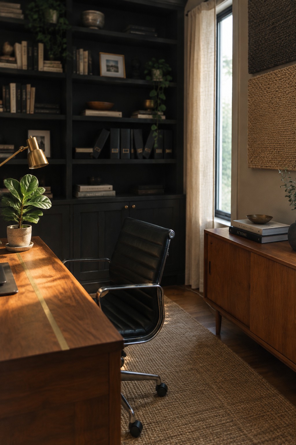 Dark bookshelves, wooden desk, black leather chair, woven rug, and window