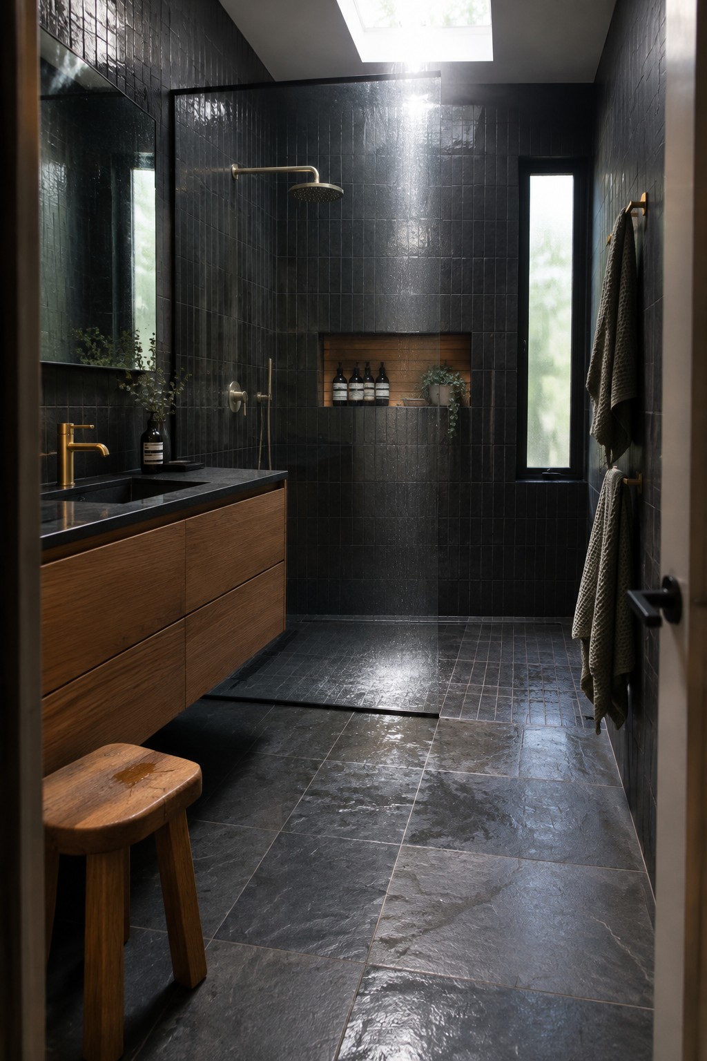 A bathroom with black tiled walls and floor, a floating wood vanity with brass faucet, a brass shower head, and a wooden stool in the foreground.
