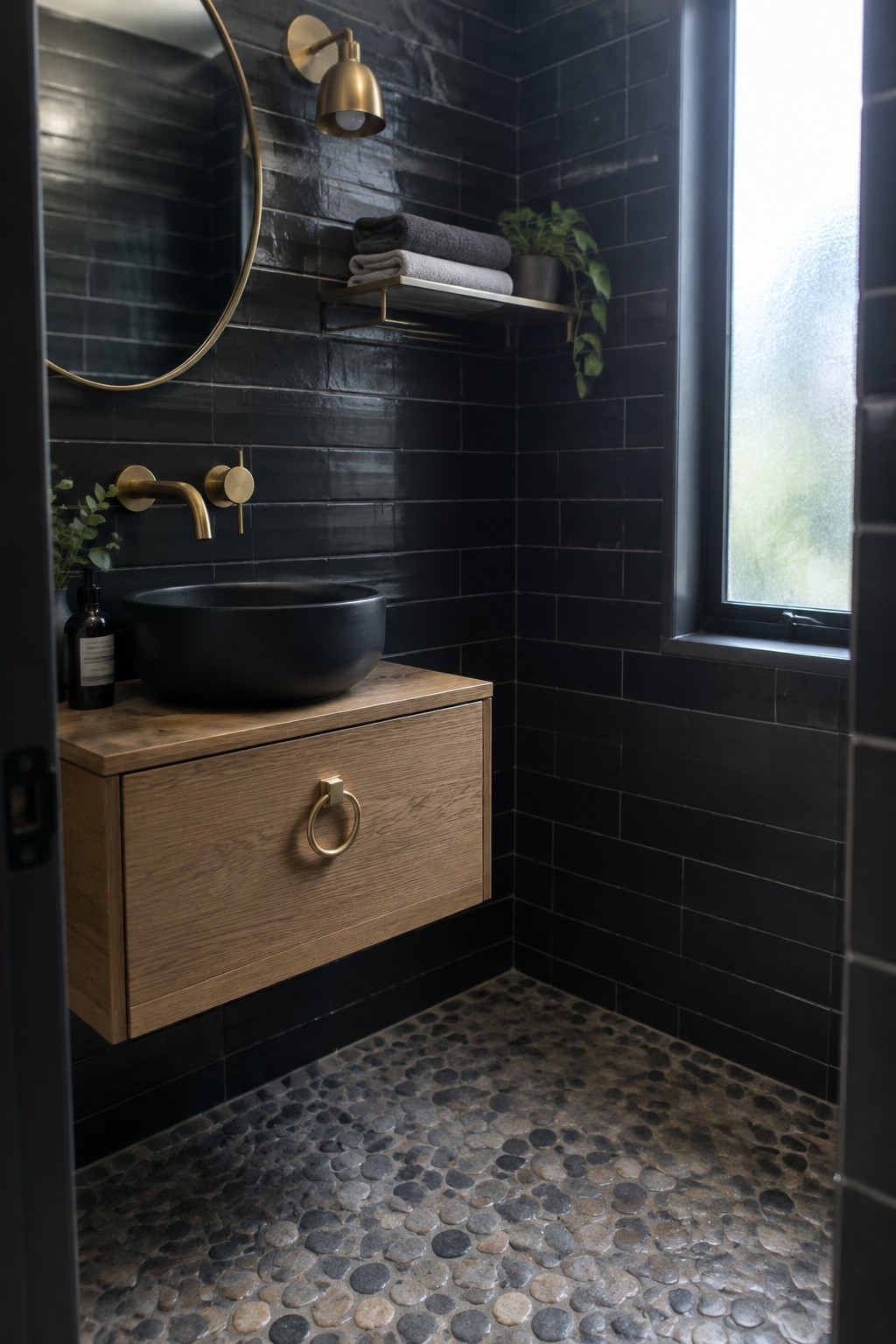 A bathroom with black tiled walls, a floating wooden vanity holding a black vessel sink, brass faucet and ring pull, and a round mirror above.
