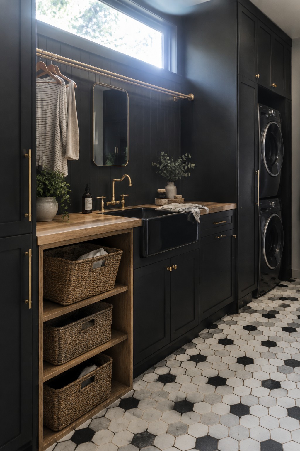 Dark laundry room with black sink, wooden counters, woven baskets, and stacked washer dryer