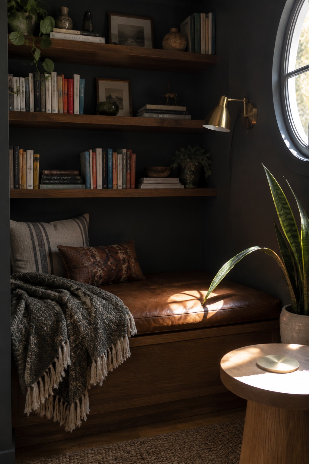 A corner with dark walls featuring three levels of wooden floating shelves filled with books and small decor items, a brown leather bench with pillows and a fringed throw, a brass wall sconce, a round window, and a potted snake plant.