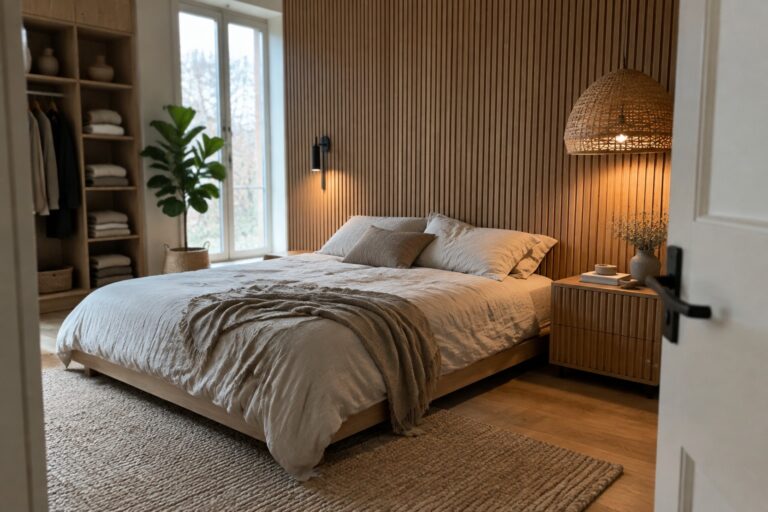A bedroom featuring a bed with neutral linens against a vertical fluted wood accent wall, with built-in shelving visible to the left.