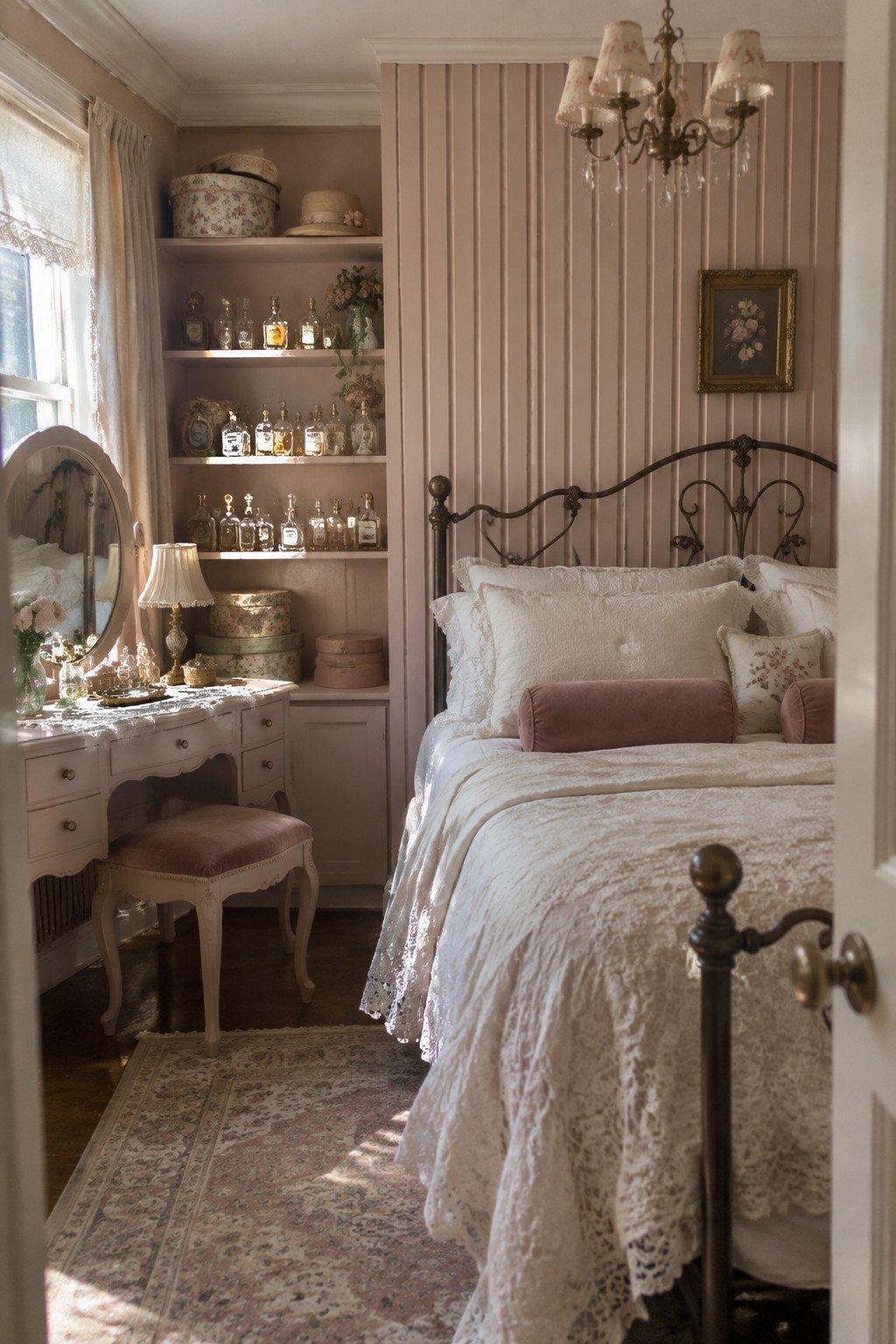 A bedroom featuring a bed with white lace bedding positioned against a wall covered in vertical pink fluted wood panels, with a vanity and shelves visible to the left.