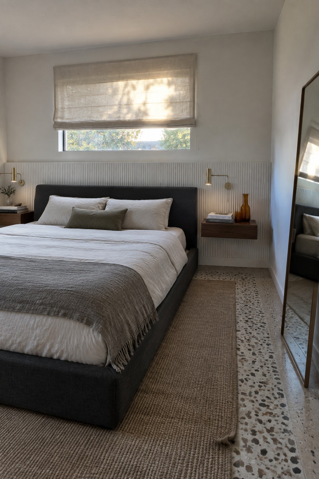 A bedroom featuring a dark upholstered bed with white and gray bedding against a wall covered in vertical white fluted wood panels, with a window and Roman shade above.