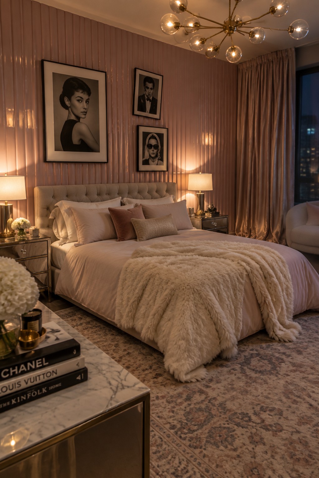 Luxurious bedroom with pink walls, tufted bed, fur throw, and portrait gallery.