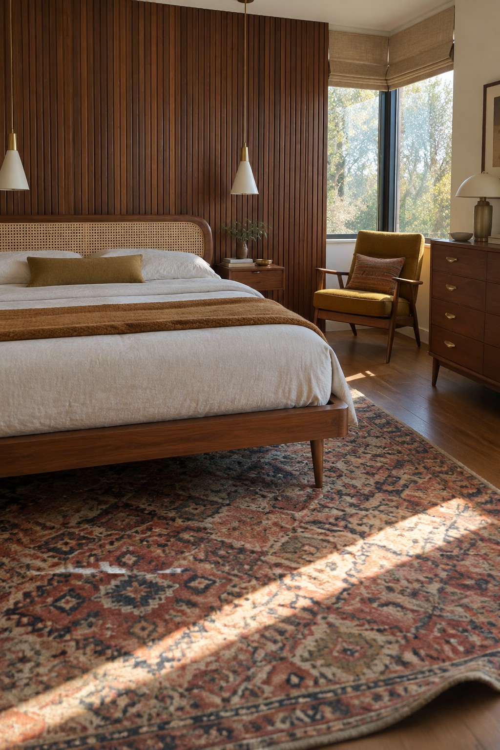 A bedroom with a wooden bed against a full wall of vertical fluted wood panels in warm brown tones.