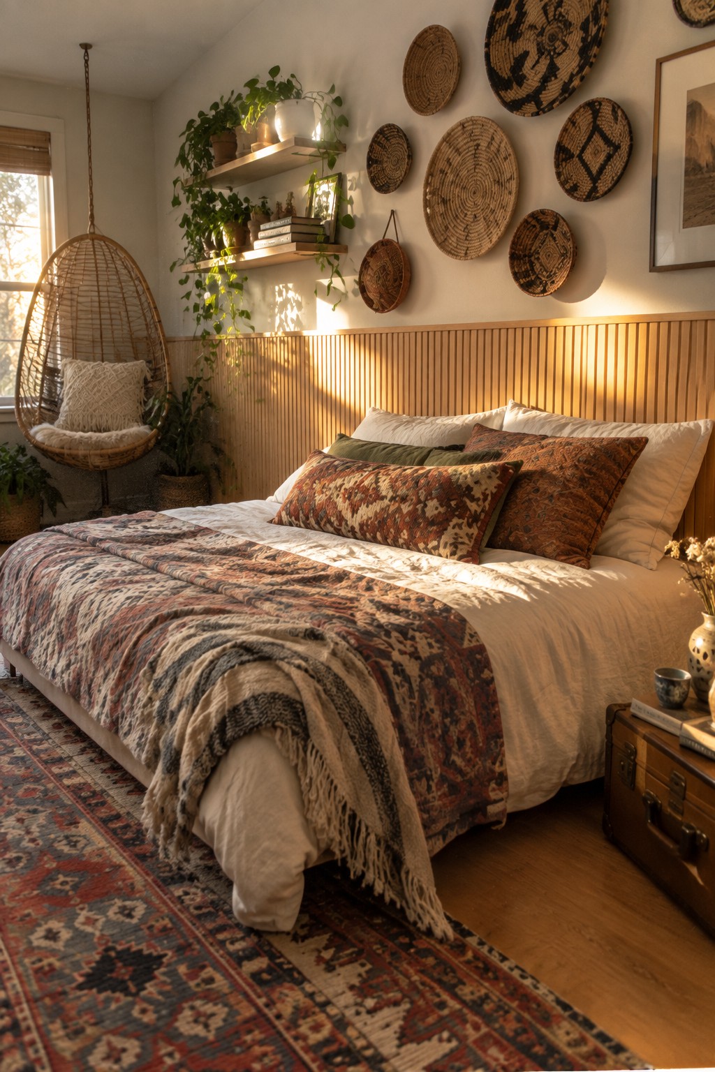 A bedroom featuring a bed positioned against a wall with vertical fluted wood panels, layered pillows, and woven wall decor.