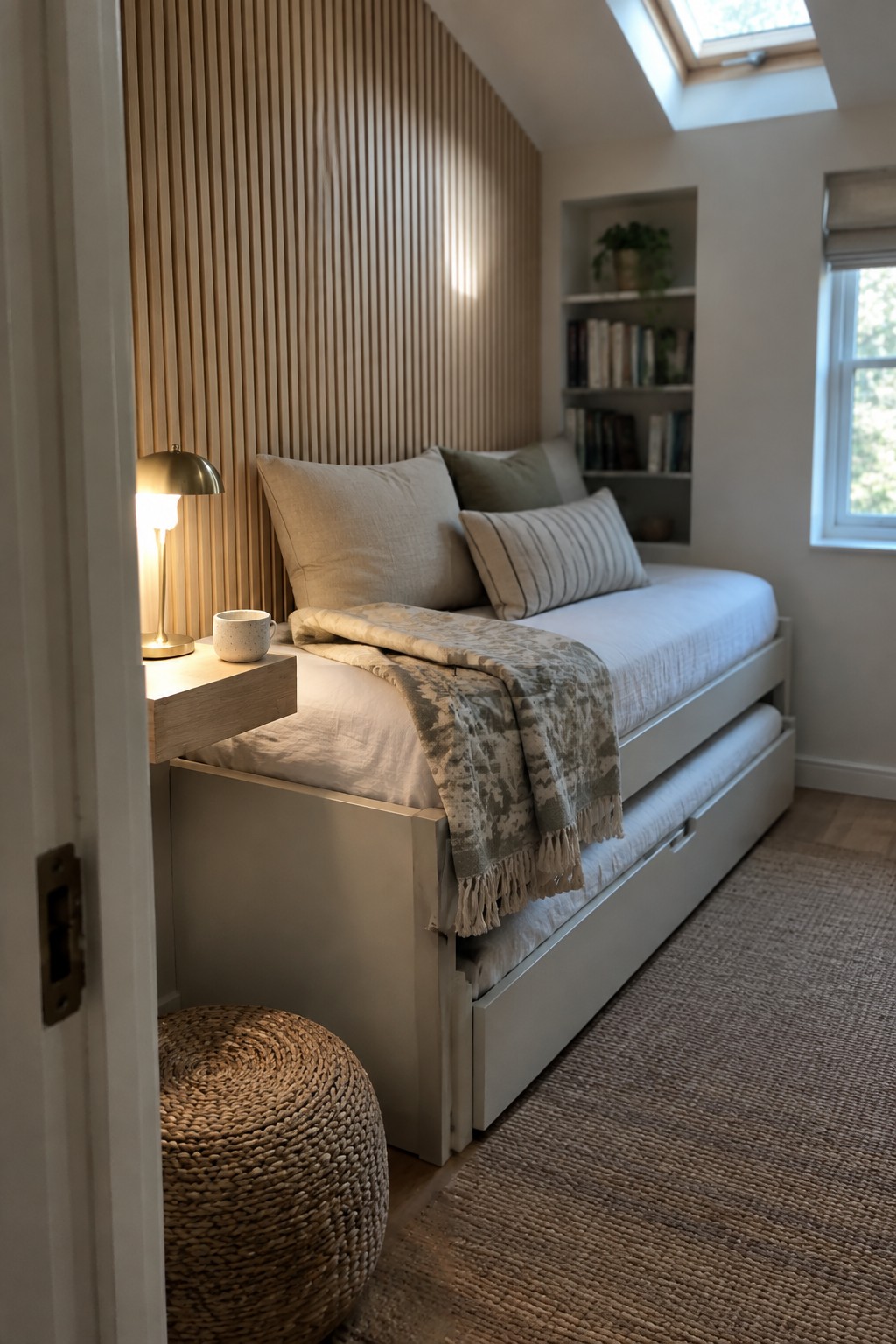 A bedroom corner showing a light gray daybed against a wall covered in vertical light wood fluted panels, with a small floating nightstand holding a lit lamp and a woven pouf on the floor nearby.