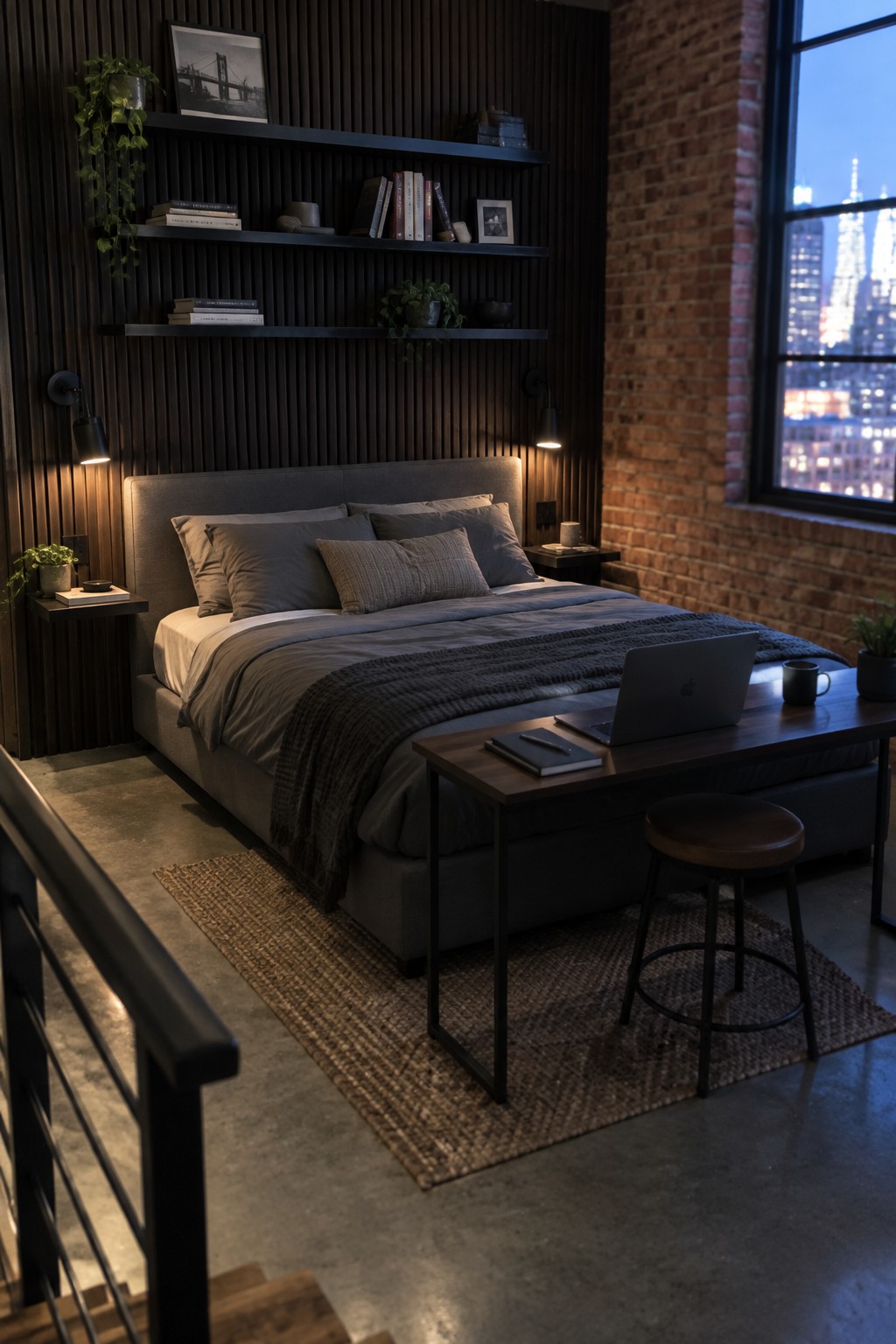 A bedroom with a gray upholstered bed set against a dark vertically fluted wood accent wall that has floating black shelves and two wall sconces, with a wooden desk and laptop positioned in front.