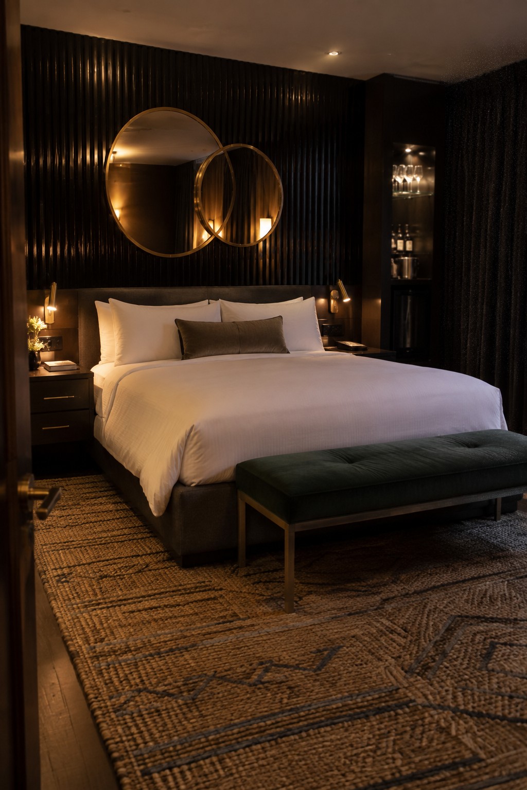 A bedroom with a large bed dressed in white linens positioned against a dark vertically fluted wood wall with two round mirrors mounted above the headboard.