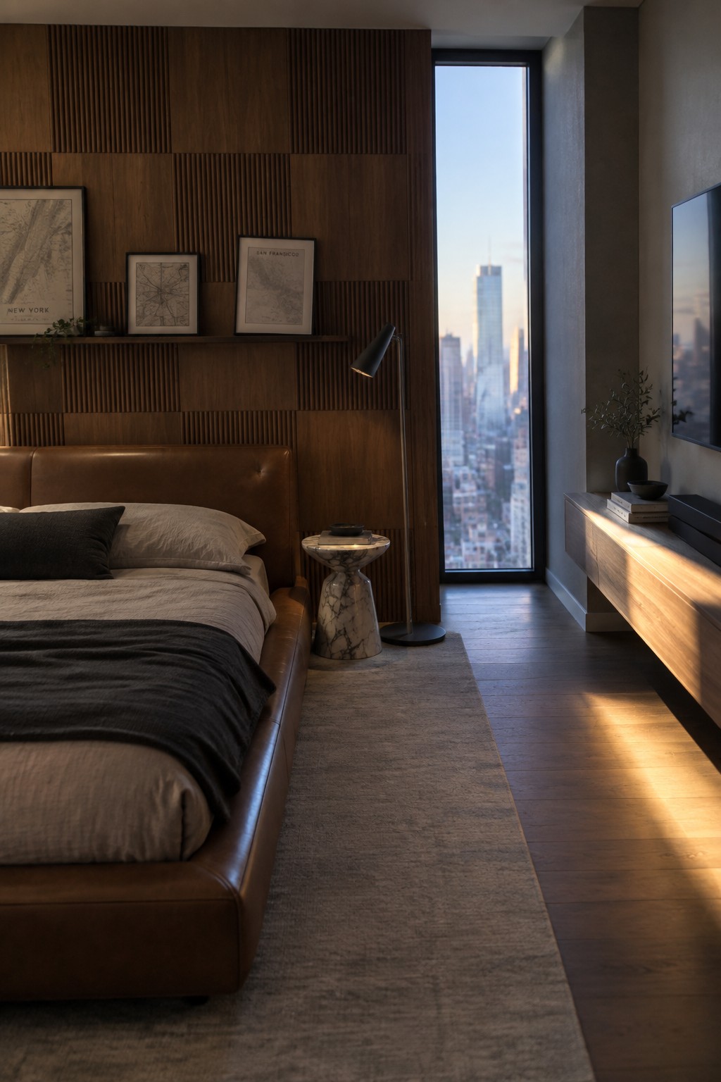 A modern bedroom featuring a brown leather bed with gray linens positioned against a large wall of vertical fluted wood panels, with three framed maps on a narrow shelf above the headboard and a tall window showing a city skyline.