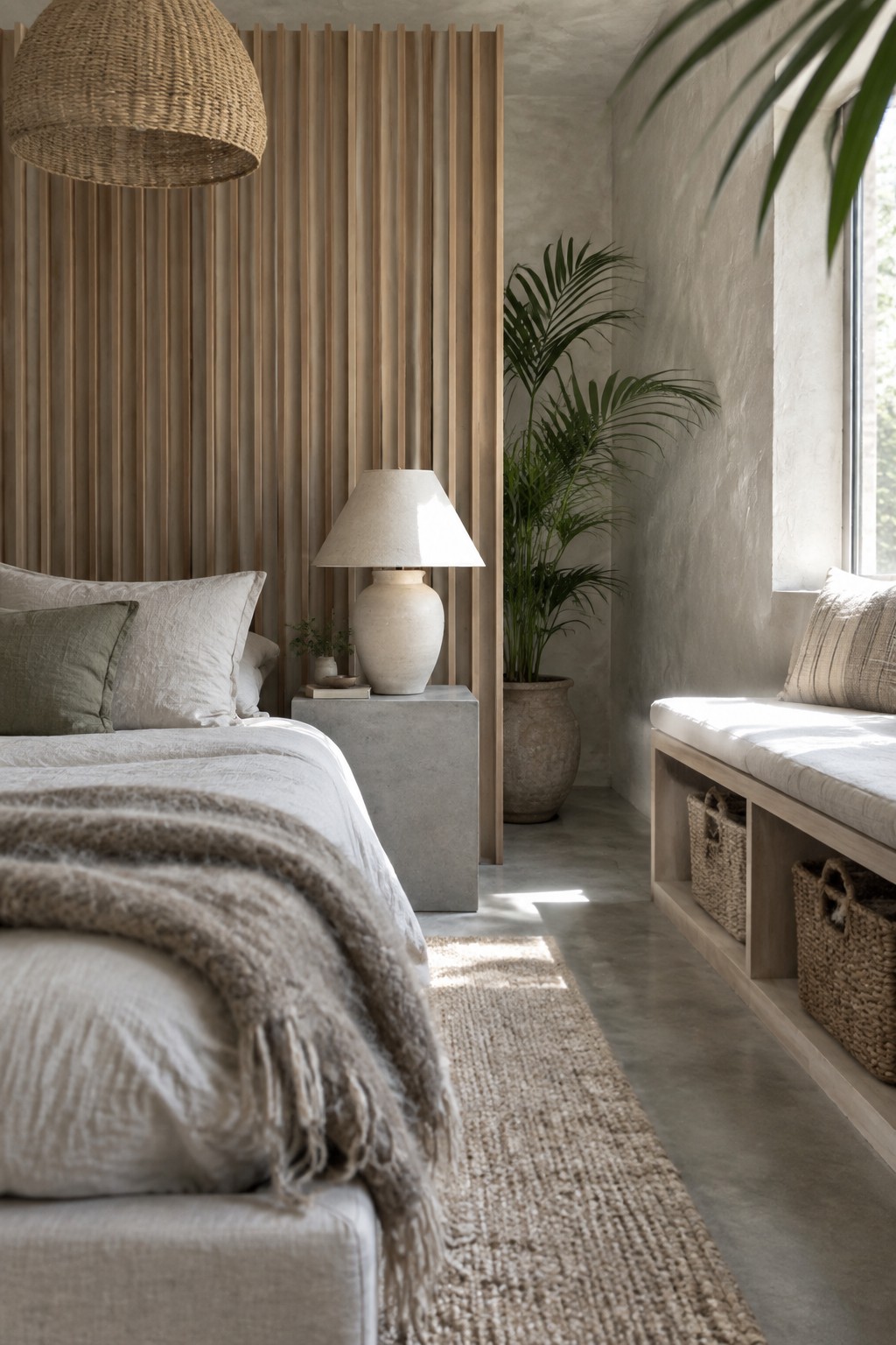 A bedroom with a bed dressed in white and beige linens positioned against a wall of vertical light wood fluted panels, next to a concrete nightstand holding a lamp.