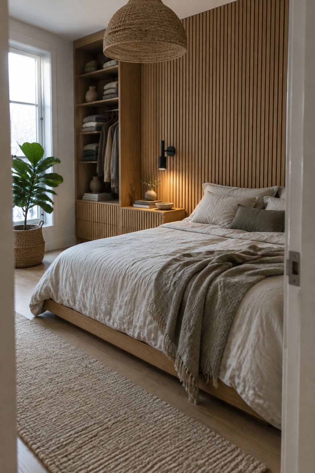 A bedroom featuring a bed with neutral linens against a vertical fluted wood accent wall, with built-in shelving visible to the left.