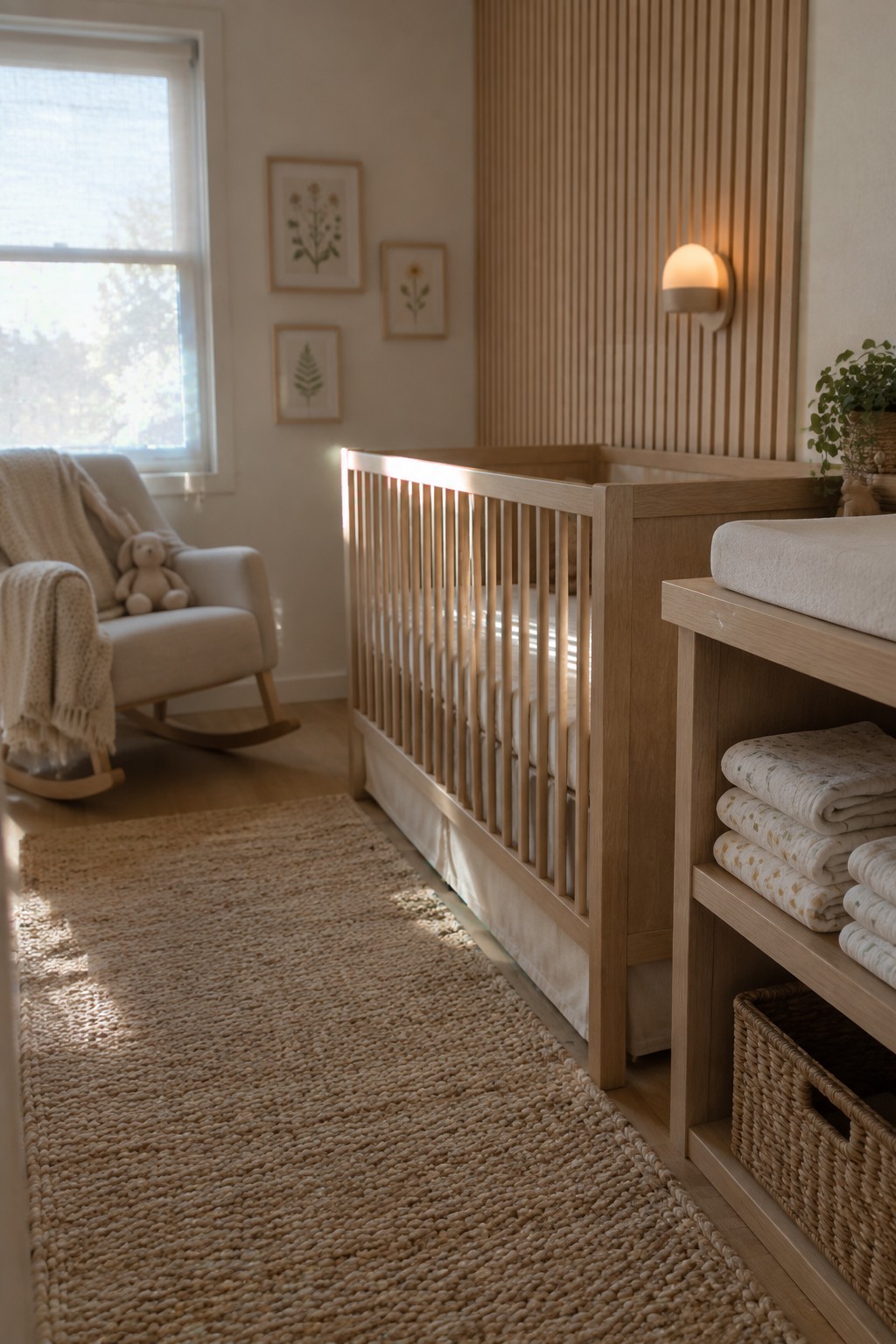 A light wood crib stands against a wall with vertical fluted panels, next to a rocking chair and a changing table with folded towels.