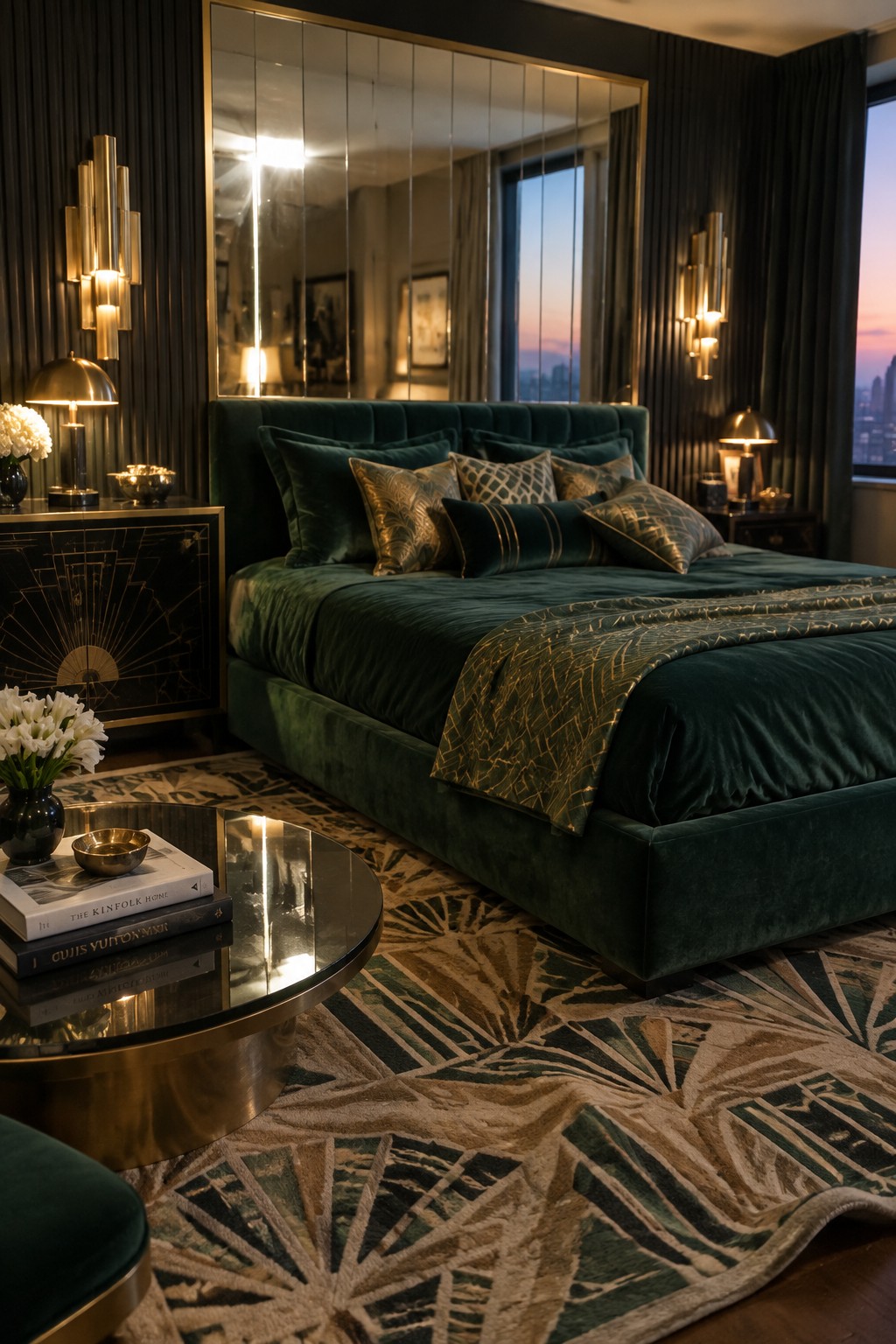 A bedroom with a large green velvet bed against a dark wall featuring vertical fluted wood panels flanking a large central mirror.