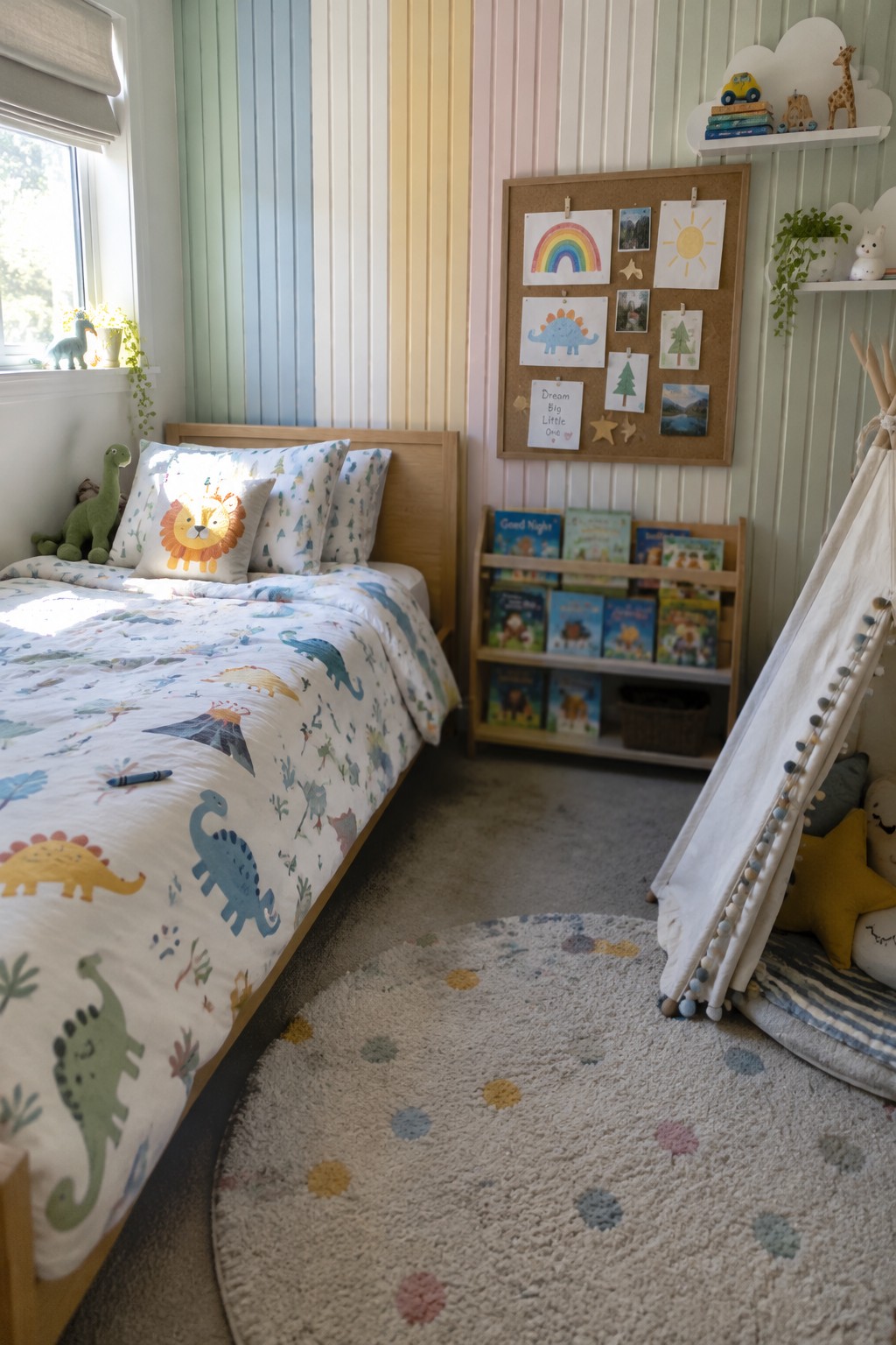 Colorful child's bedroom with dinosaur bedding, pastel striped walls, corkboard, and teepee.