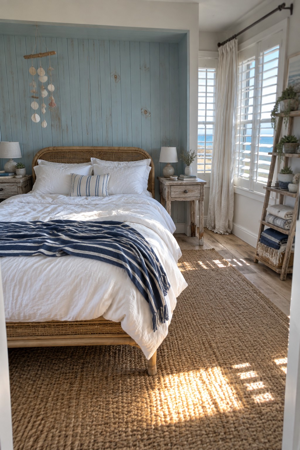 A bedroom with a bed dressed in white linens and a blue striped throw, set against a light blue fluted wood accent wall with an ocean view through the window.