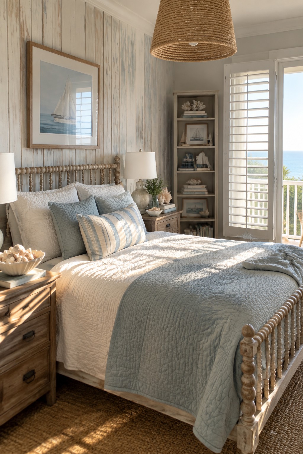 A bedroom with a wooden spindle bed made with white and light blue bedding, set against vertical whitewashed wood paneling with a framed sailboat print above the headboard.