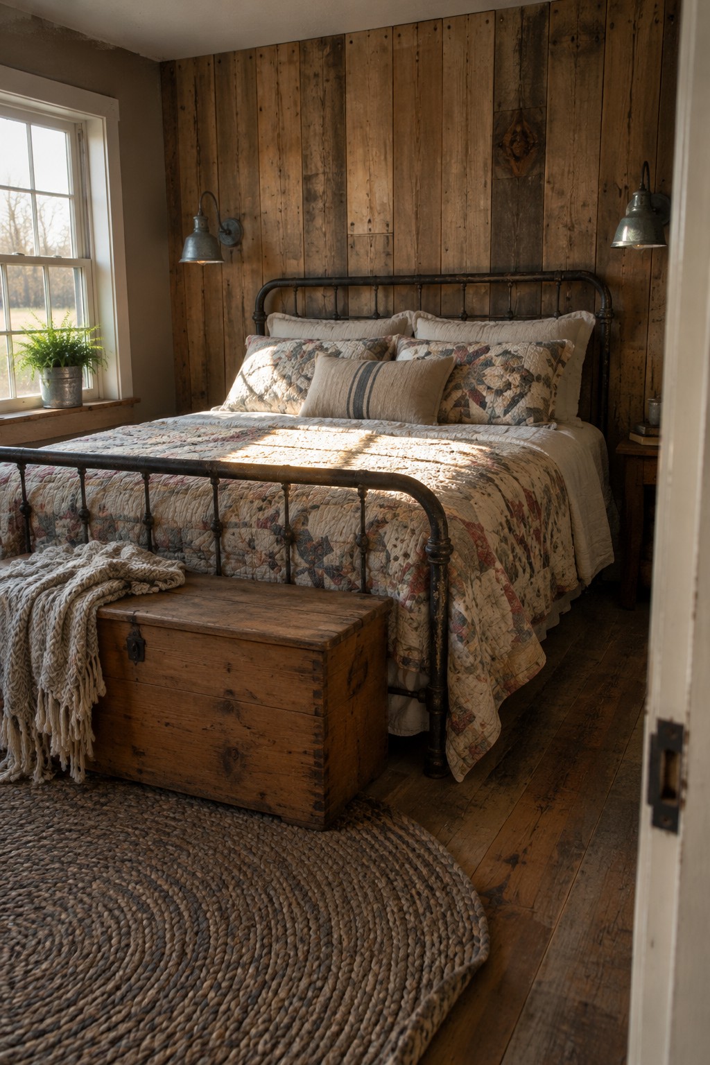 A bedroom with a metal bed frame against a wall covered in vertical wooden planks, a patchwork quilt on the bed, and a round braided rug on the floor.