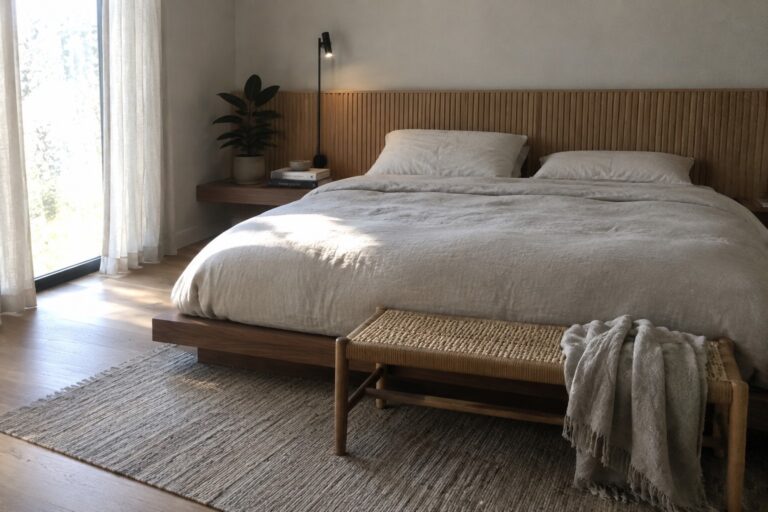 A bedroom with a low-profile wooden platform bed dressed in light linen bedding, a floating wood nightstand, black wall sconce, potted plant, and woven bench on a textured rug near a window.