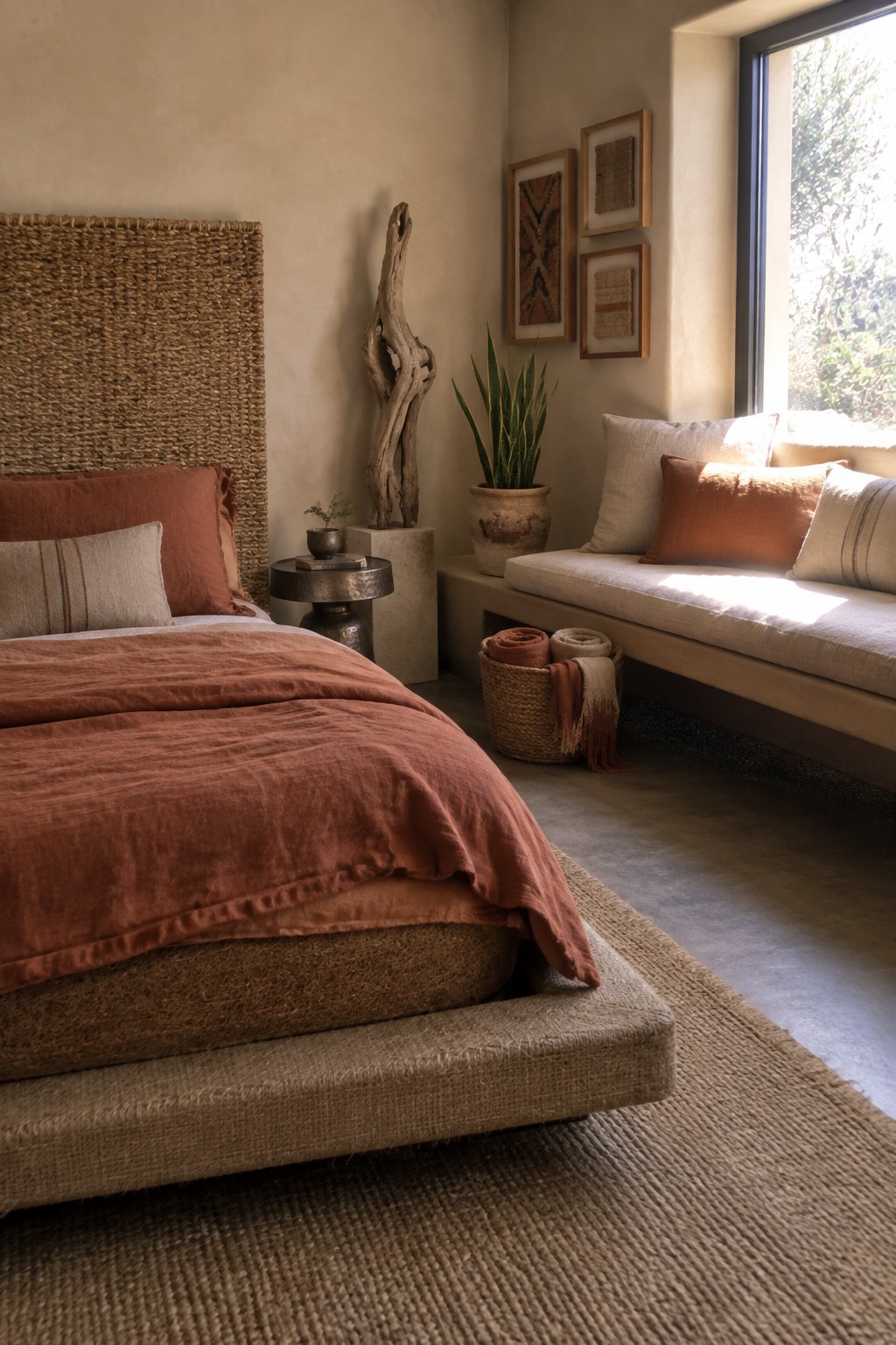 Bedroom with woven headboard, terracotta linen bedding, window bench, and jute rug