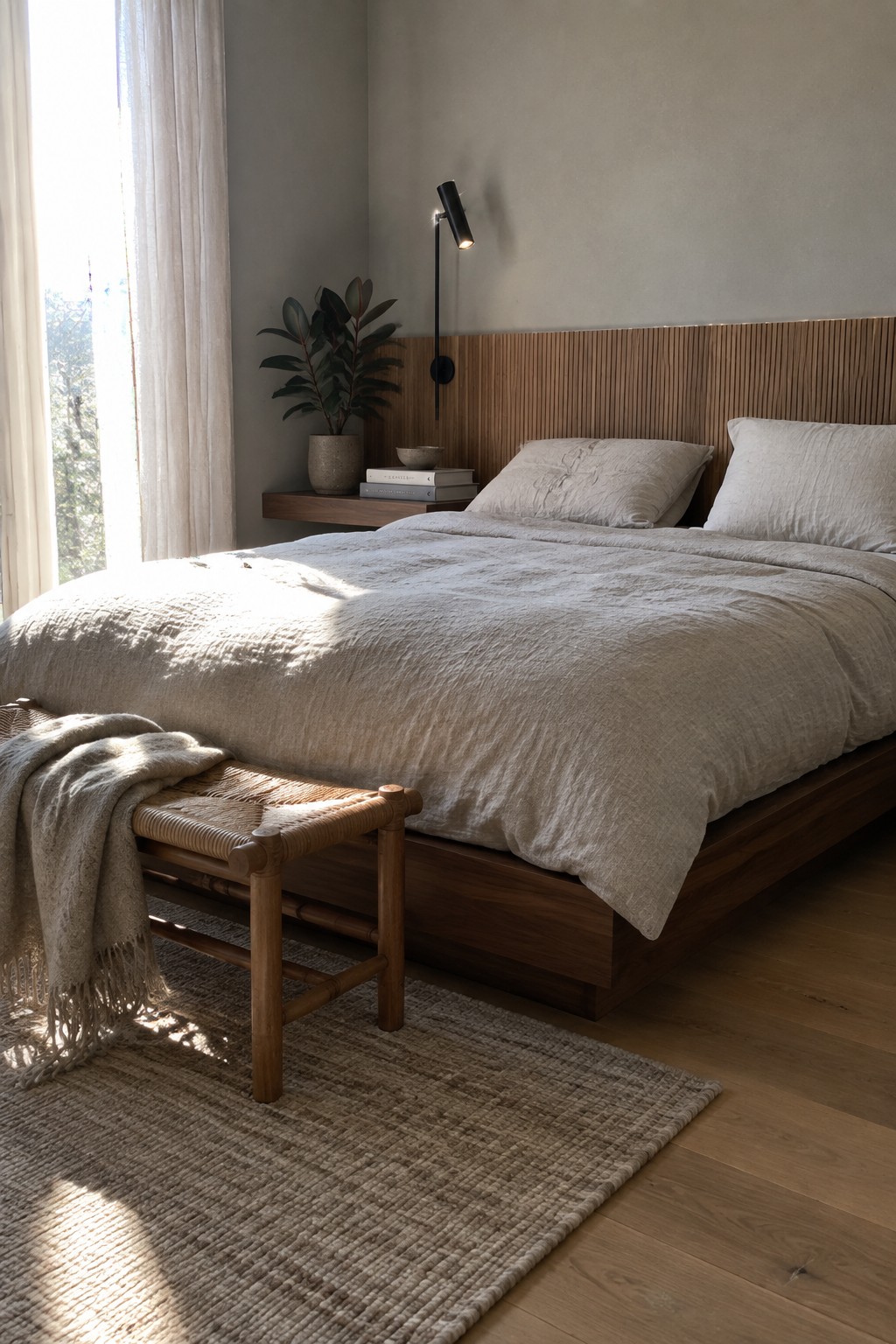 A bedroom with a low-profile wooden platform bed dressed in light linen bedding, a floating wood nightstand, black wall sconce, potted plant, and woven bench on a textured rug near a window.
