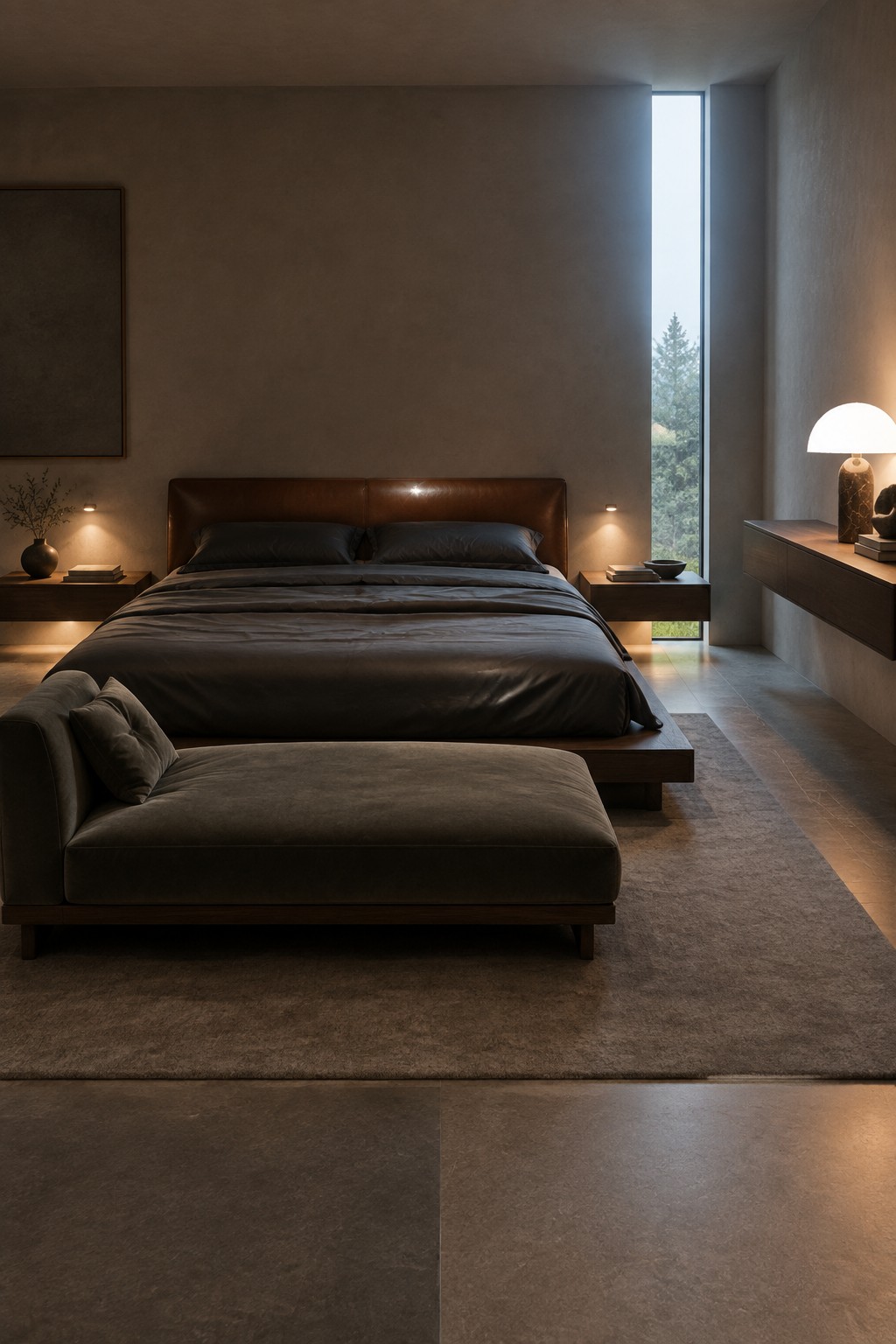 A modern bedroom featuring a low platform bed with dark bedding, a matching low chaise lounge in front, floating wooden nightstands, and a tall narrow window on the right side.