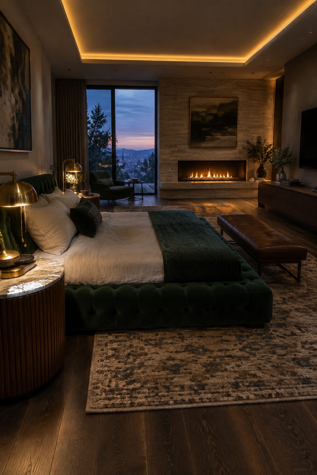 A modern bedroom featuring a low-profile green tufted platform bed with white and dark green bedding, a brown leather bench at the foot, a marble nightstand with brass lamps, a fireplace on a stone wall, and large windows showing a dusk city view.
