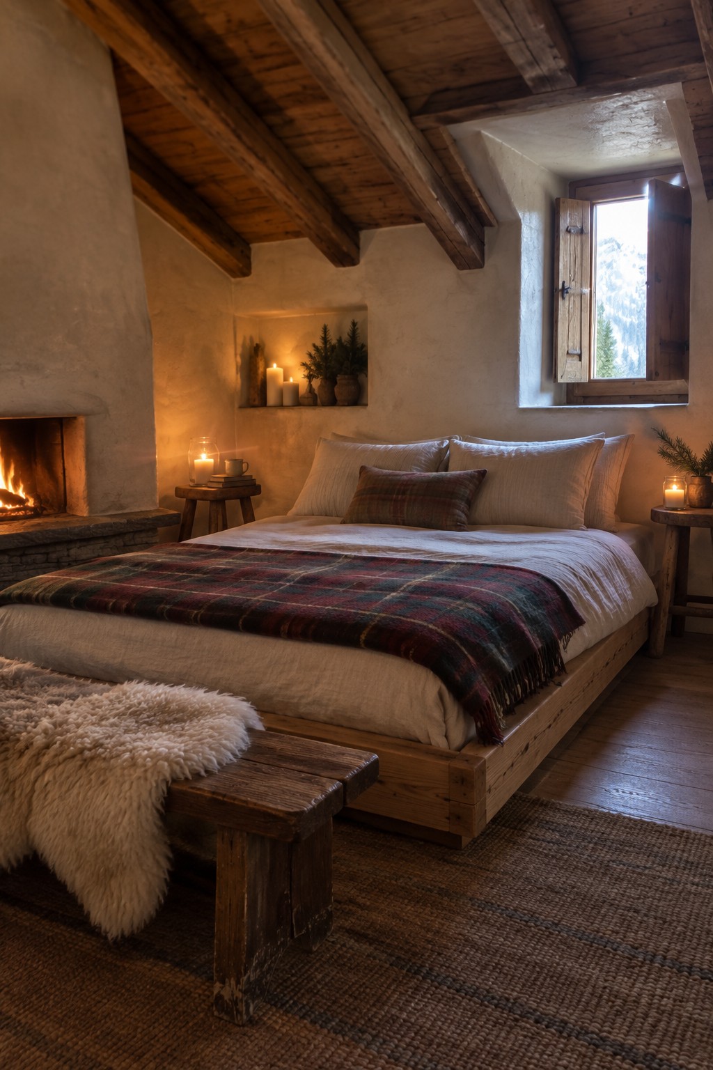 A bedroom with a low wooden platform bed dressed in white linens and a plaid throw, set against a stone fireplace with candles and a small window above.