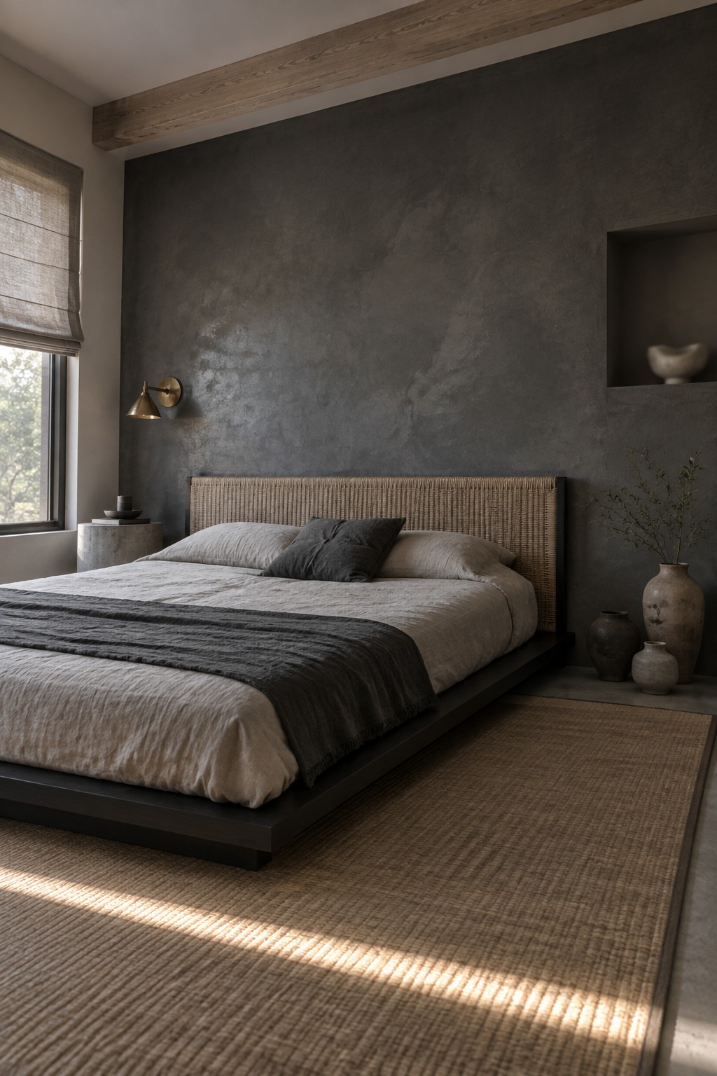 A modern bedroom featuring a low-profile bed with a dark frame and woven headboard against a textured gray wall, dressed in neutral linens with a jute rug on the floor.