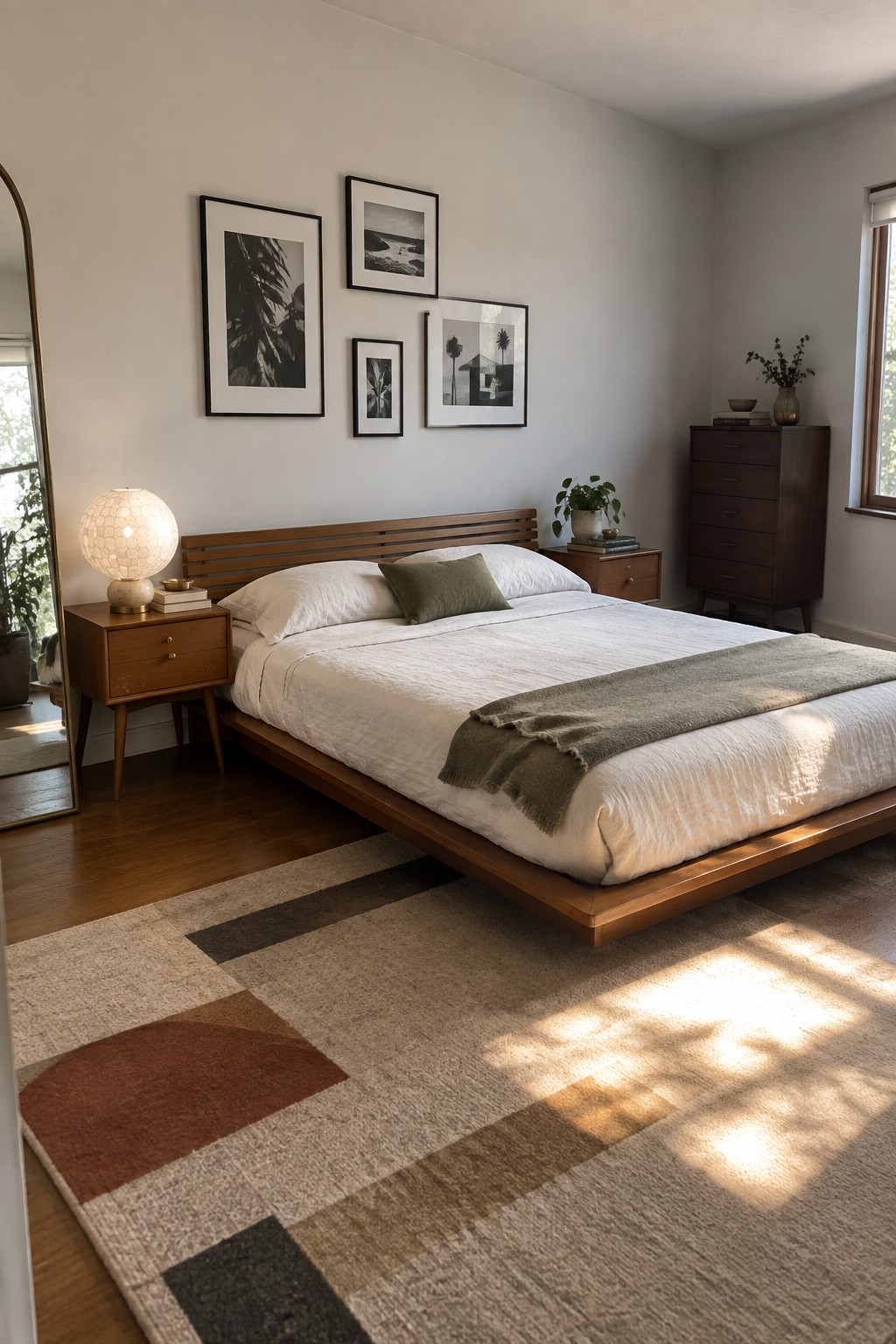 A bedroom with a low wooden platform bed dressed in white linens, a green throw blanket, and black framed photos arranged above the headboard.