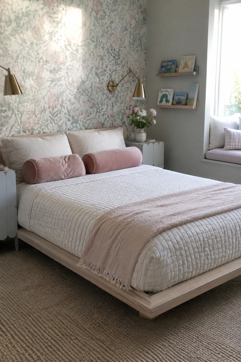 A bedroom with a low wooden platform bed dressed in white quilted bedding and pink velvet bolsters, set against floral wallpaper with brass wall sconces.