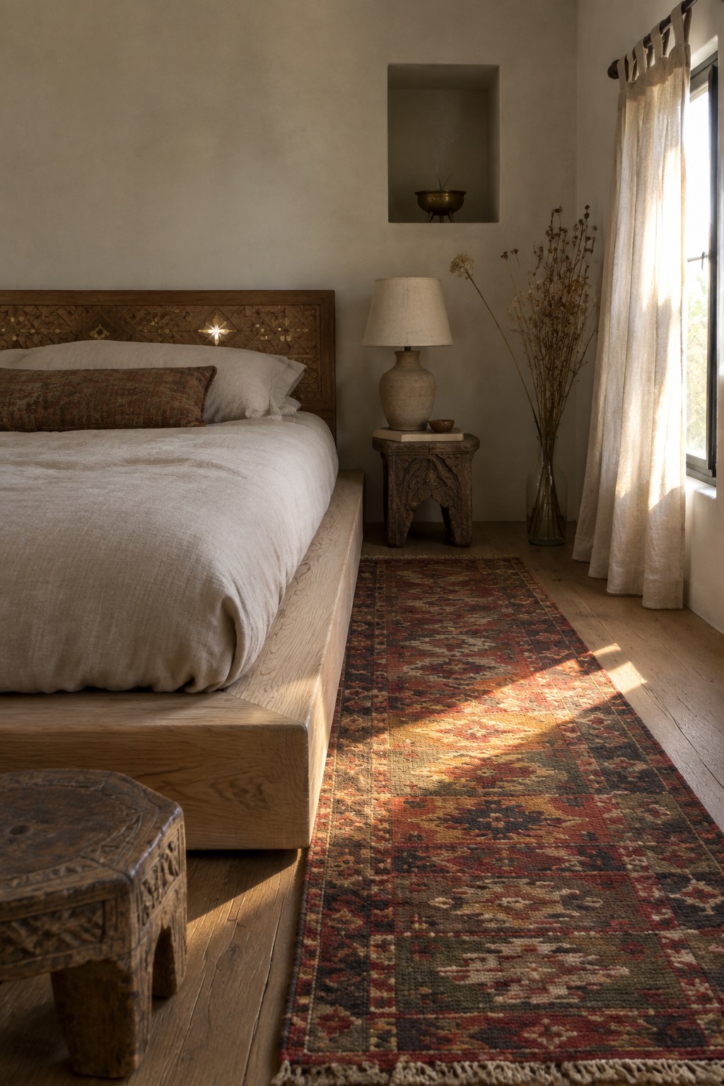 A bedroom with a low wooden platform bed dressed in light linens, a patterned rug on the floor, and sunlight falling across the wood.