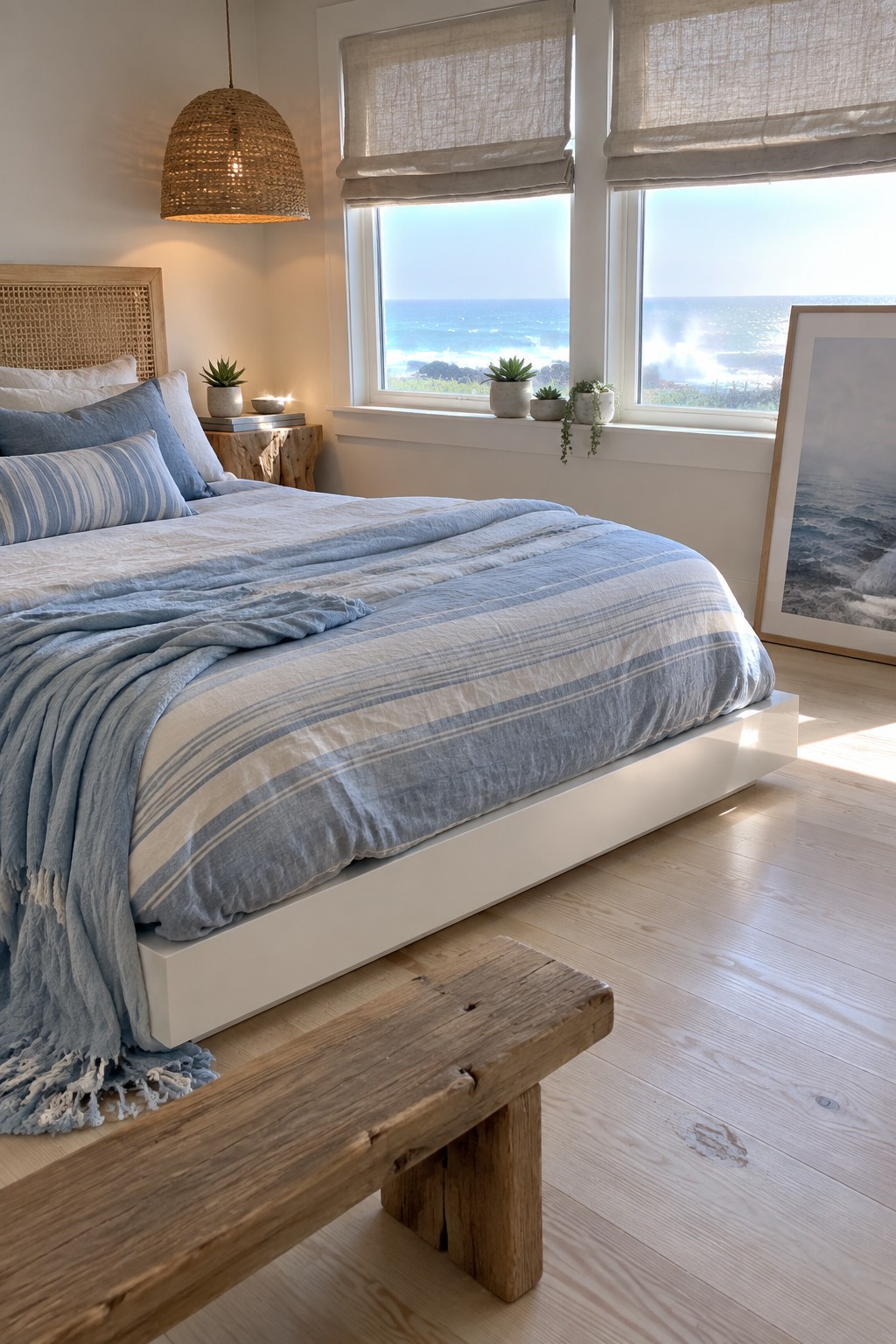 A bedroom featuring a low white platform bed with blue and white striped bedding, a wooden bench at the foot, and large windows overlooking the ocean.