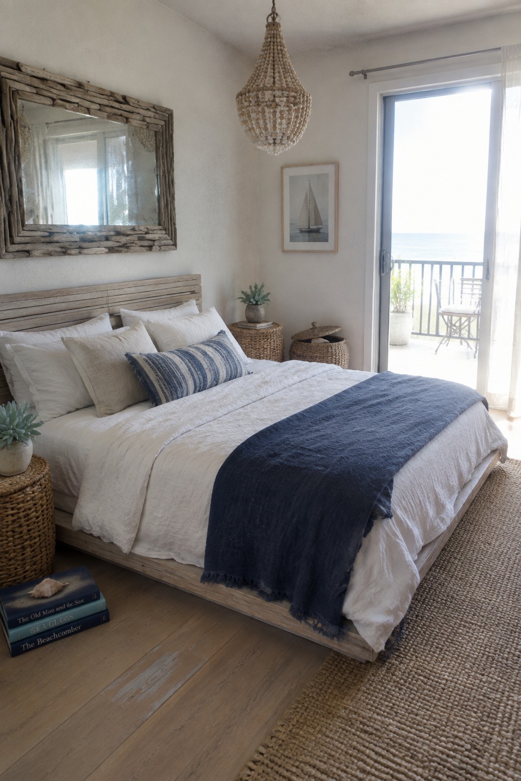 A bedroom with a low wooden platform bed made with white linens, a blue throw, woven nightstands, a large driftwood mirror, and glass doors opening to an ocean view.
