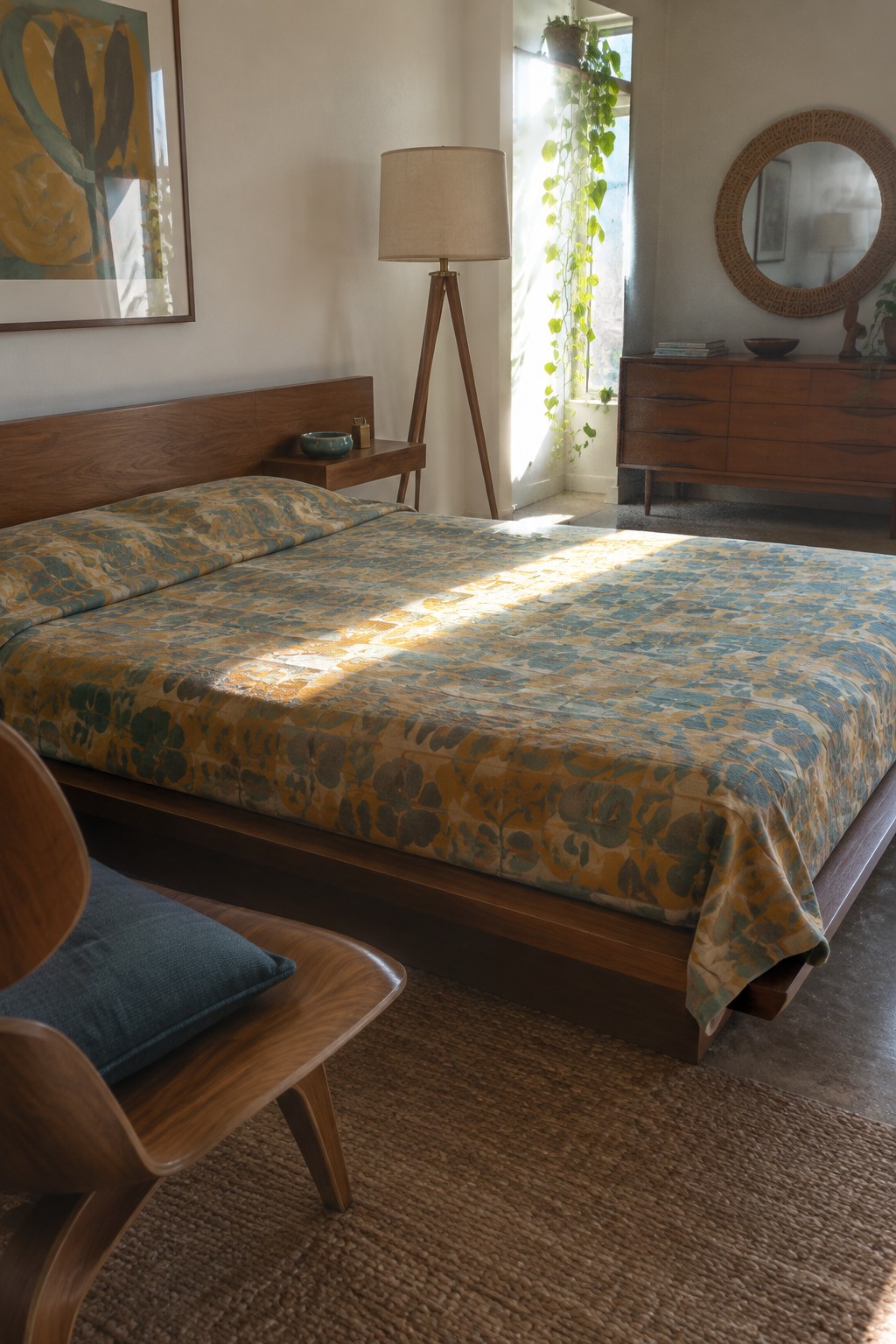 A bedroom with a low-profile wooden platform bed covered in a blue and yellow floral bedspread, a matching nightstand, a tripod floor lamp, and a woven rug on a concrete floor.
