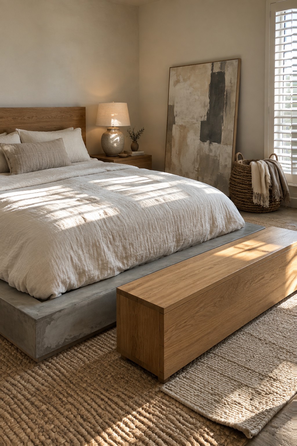A modern bedroom with a low wooden platform bed dressed in white linens, a long oak bench at the foot, a concrete base, and an abstract painting leaning against the wall.