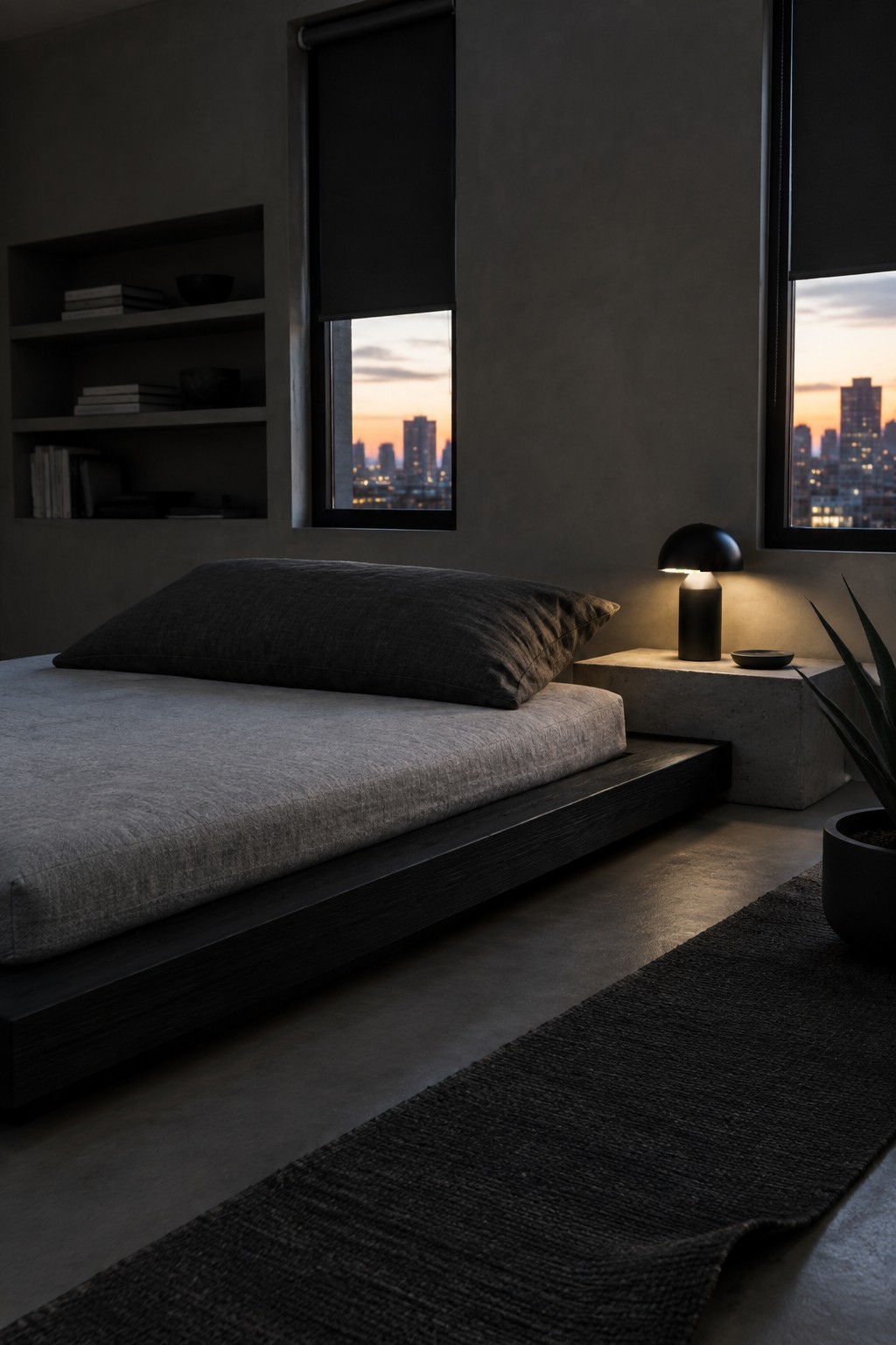 A modern bedroom featuring a low gray platform bed with a dark pillow, a lit black table lamp on a concrete nightstand, built-in wall shelves with books, and large windows overlooking a city skyline at dusk.