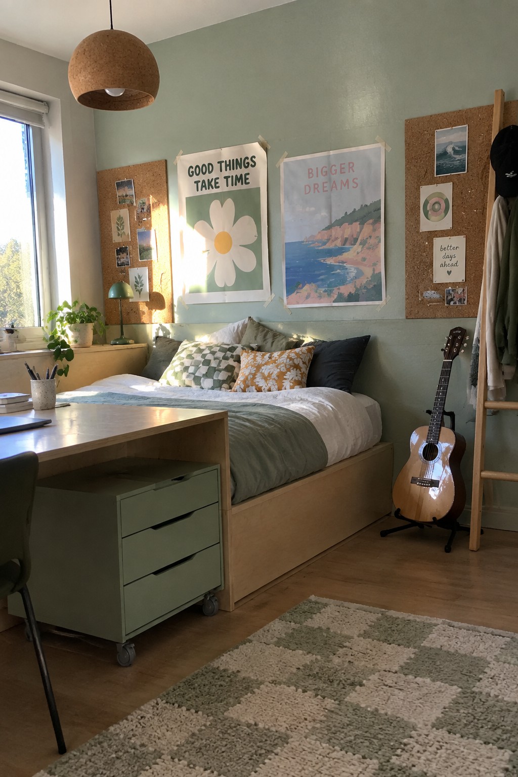 A bedroom with a low wooden platform bed that has green storage drawers underneath, posters on the wall, and a desk area beside it.