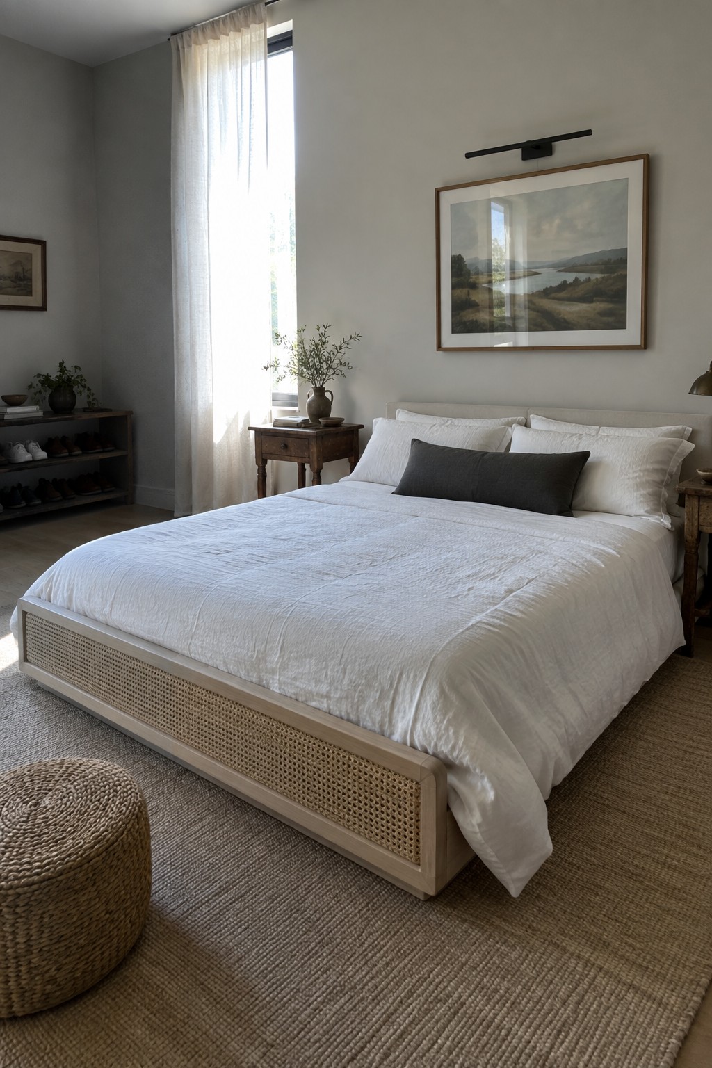A bedroom with a low-profile bed featuring a light wood frame and woven cane panel, dressed in white linens atop a large jute rug.