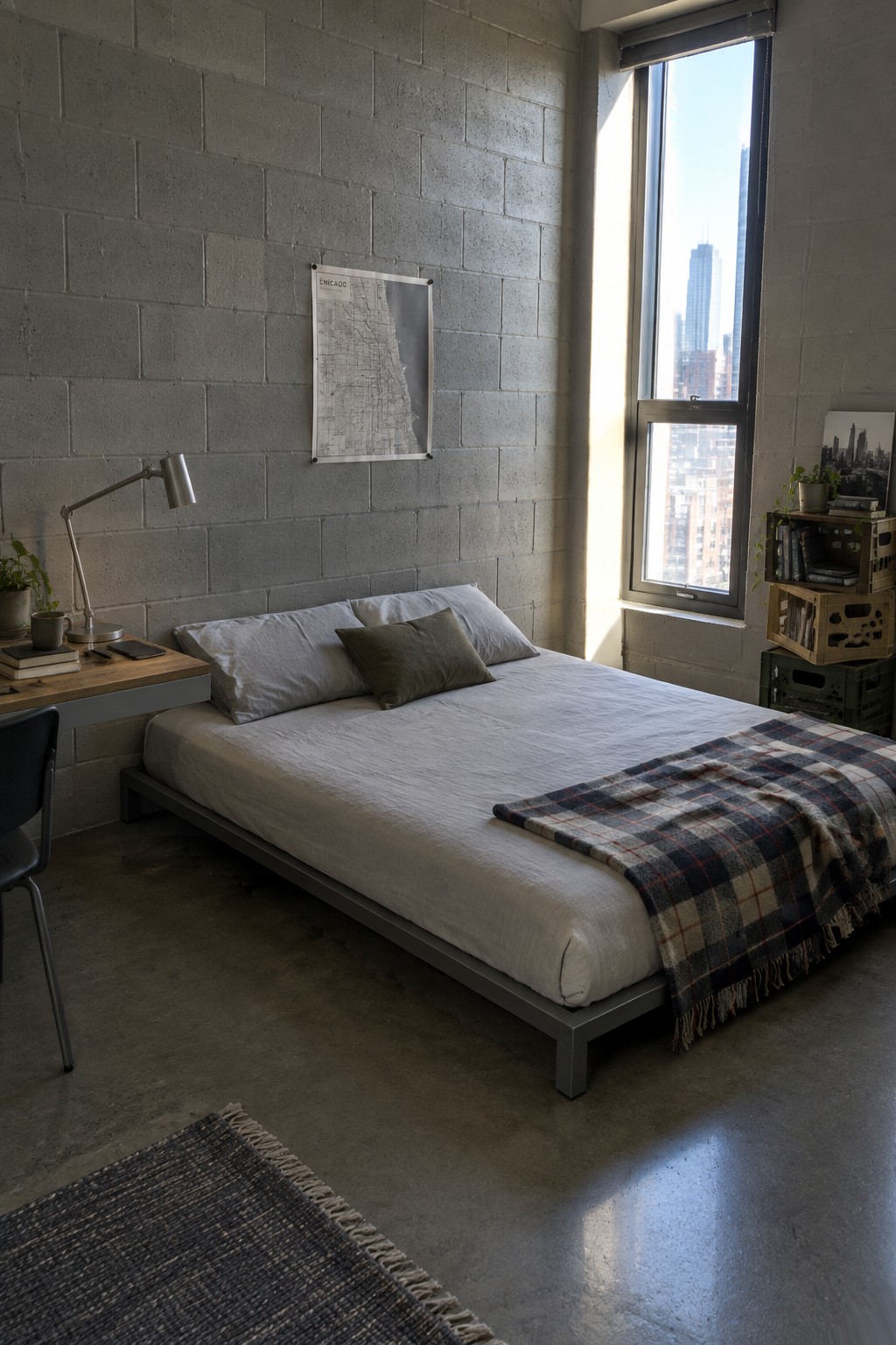 A bedroom with a low gray metal bed frame, white bedding, a dark plaid throw, and a map print on a cinder block wall next to a large window.
