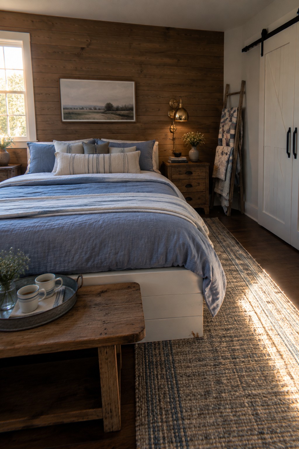 A bedroom featuring a low-profile bed with blue bedding against a wood-paneled wall, a wooden bench in the foreground, and a nightstand with a lit wall sconce.